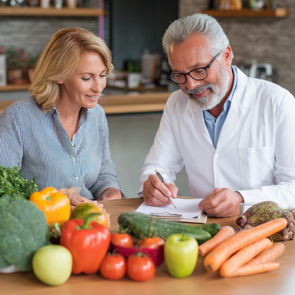 Professional nutritionist consulting with middle-aged client about balanced meal planning